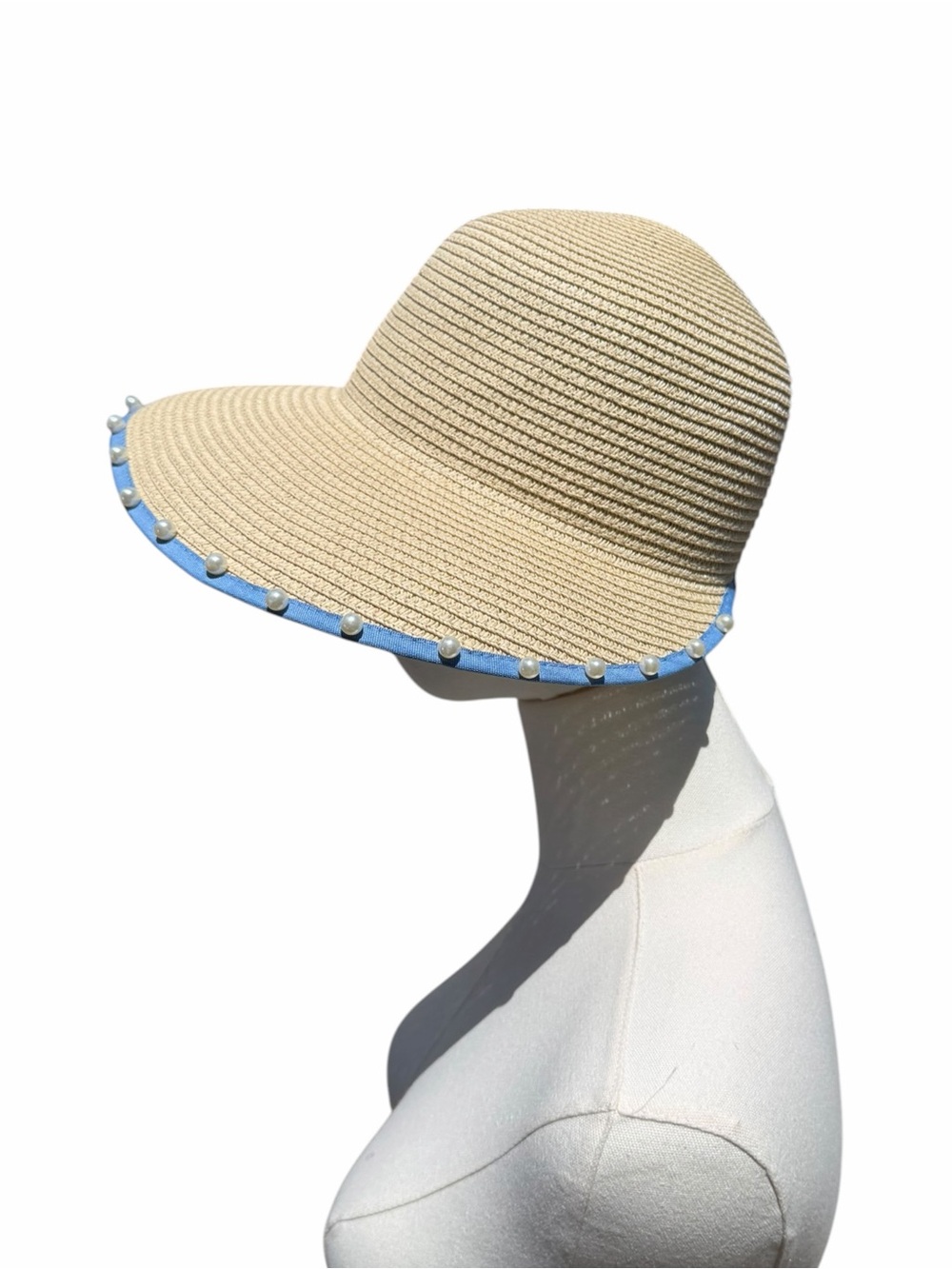 Max Studio Wide Brim Sun Hat Beige Blue Pearl Trim 100% Paper Resort Beach